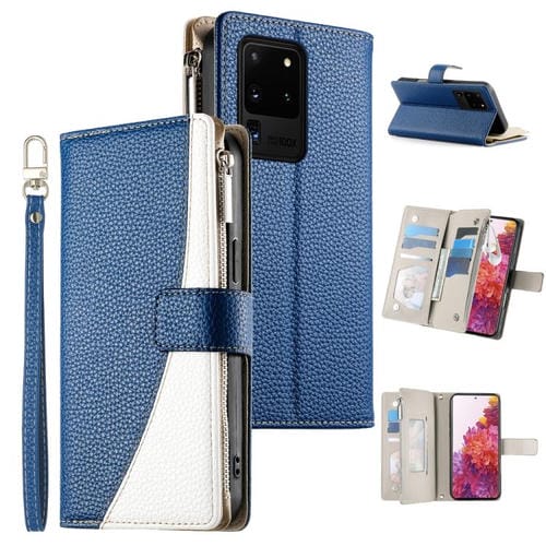 Funda de cuero tipo billetera con cremallera para Samsung Galaxy S20 Ultra, con costuras, múltiples tarjetas y correa corta (azul oscuro)