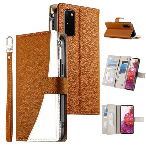 Funda de cuero tipo billetera con cremallera y múltiples tarjetas para Samsung Galaxy S20 con costuras y correa corta (marrón)