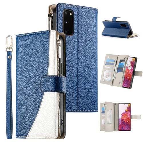 Funda de cuero tipo billetera con cremallera para Samsung Galaxy S20 con costuras y correa corta (azul oscuro)