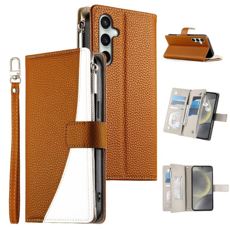 Funda de cuero con cremallera para Samsung Galaxy S25 FE 5G, con costuras, para múltiples tarjetas y correa corta (marrón)
