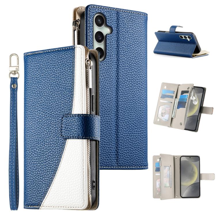 Funda de cuero con cremallera para Samsung Galaxy S25 FE 5G, con costuras, para múltiples tarjetas y correa corta (azul oscuro)