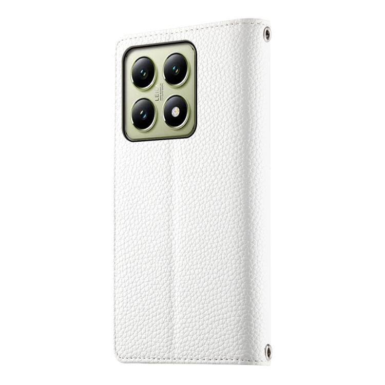 Funda de cuero con cremallera para Xiaomi 14T, con múltiples tarjetas y costuras, con correa corta (blanca)