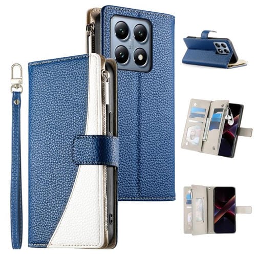 Funda de cuero con cremallera para Xiaomi 14T Pro, con múltiples tarjetas, costuras y correa corta (azul oscuro)