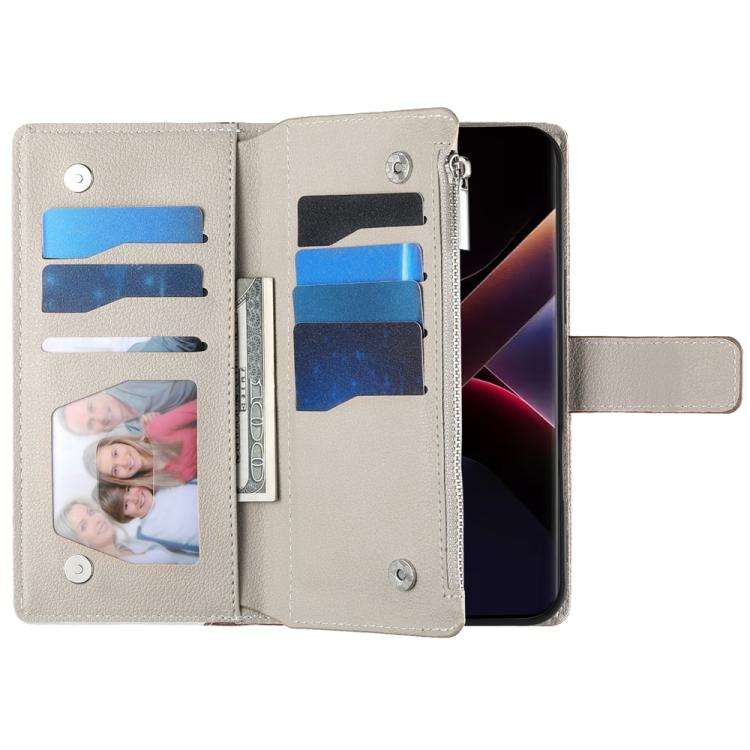 Funda de cuero con cremallera para Xiaomi 14T Pro, con múltiples tarjetas, costuras y correa corta (azul oscuro)