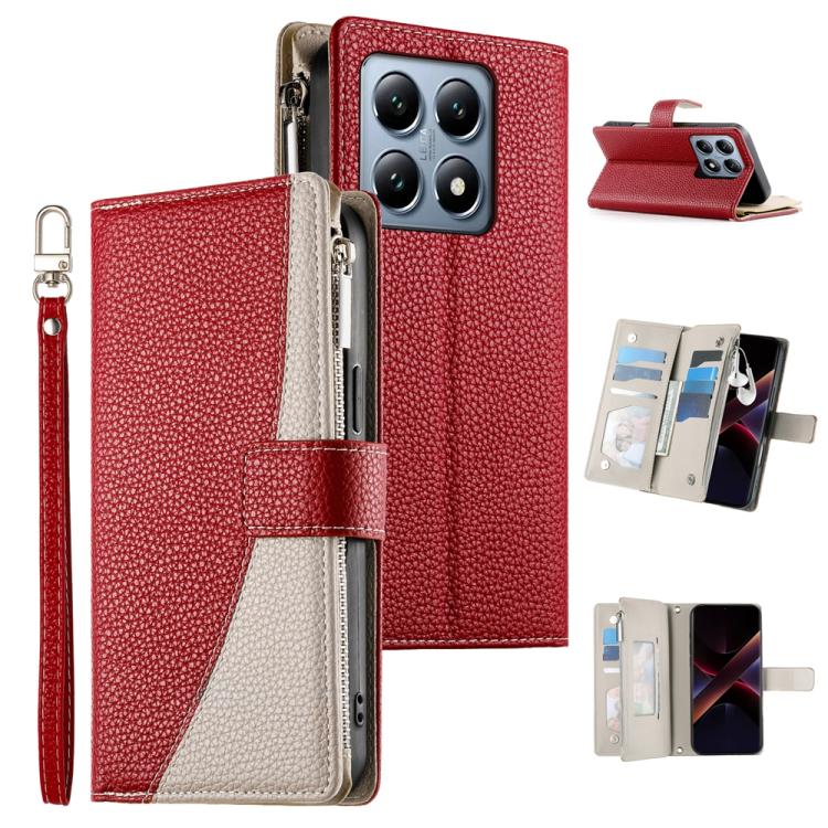 Funda de cuero con cremallera para Xiaomi 14T Pro, con múltiples tarjetas y costuras, con correa corta (roja)