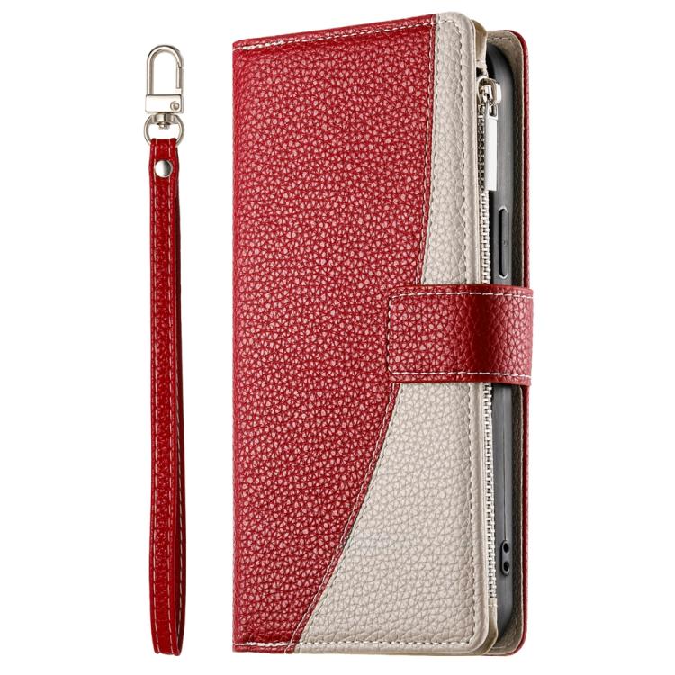 Funda de cuero con cremallera para Xiaomi 14T Pro, con múltiples tarjetas y costuras, con correa corta (roja)