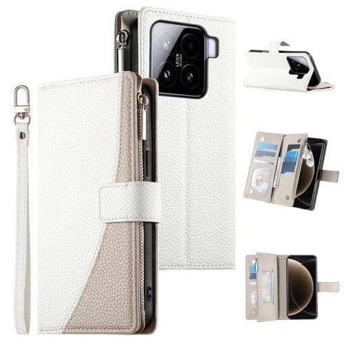 Funda de cuero con cremallera para Xiaomi 15, con múltiples tarjetas y costuras, con correa corta (blanca)