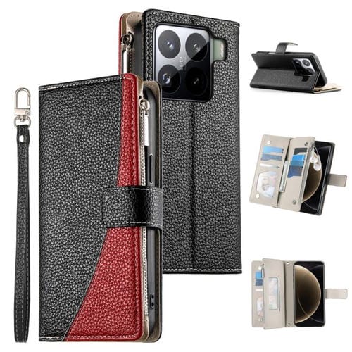 Funda de cuero con cremallera para Xiaomi 15 Pro, con múltiples tarjetas y costuras, con correa corta (negra)