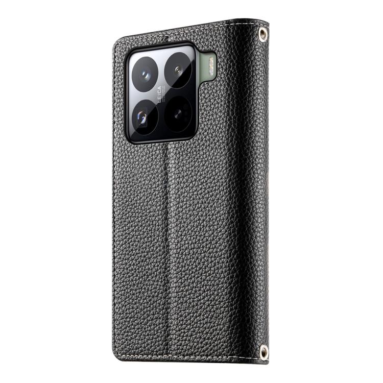 Funda de cuero con cremallera para Xiaomi 15 Pro, con múltiples tarjetas y costuras, con correa corta (negra)