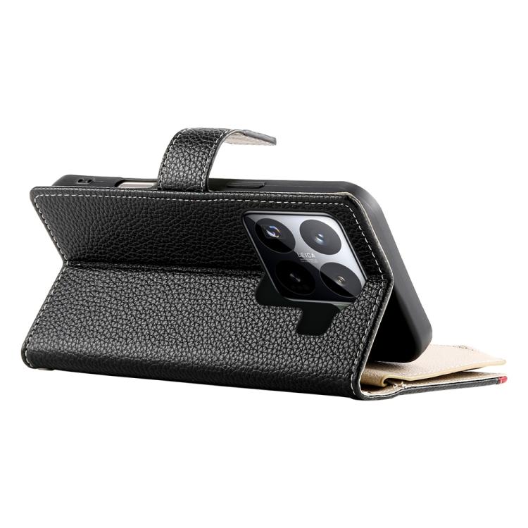 Funda de cuero con cremallera para Xiaomi 15 Pro, con múltiples tarjetas y costuras, con correa corta (negra)