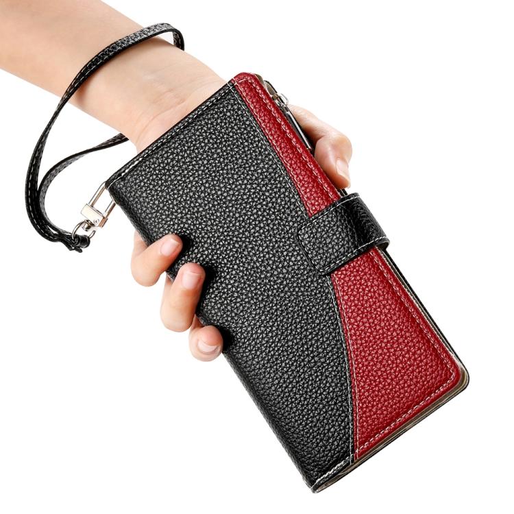 Funda de cuero con cremallera para Xiaomi 15 Pro, con múltiples tarjetas y costuras, con correa corta (negra)