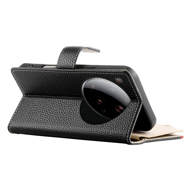 Funda de cuero con cremallera para Xiaomi 15 Ultra, con múltiples tarjetas y costuras, con correa corta (negra)