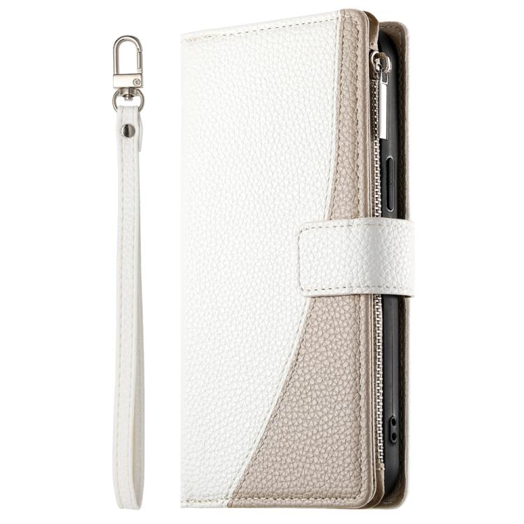 Funda de cuero con cremallera para Xiaomi 15 Ultra, con múltiples tarjetas y costuras, con correa corta (blanca)