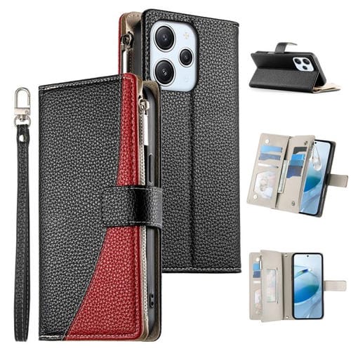 Funda de cuero con cremallera para Redmi 12 4G / 5G / Note 12R, con costuras, para múltiples tarjetas y correa corta (negra)