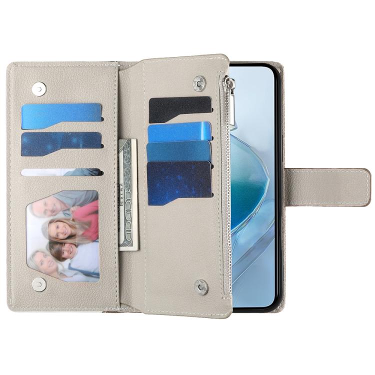 Funda de cuero con cremallera para Redmi 12 4G/5G/Note 12R, con costuras, para múltiples tarjetas y correa corta (marrón)