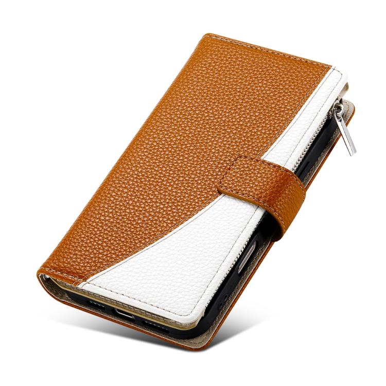 Funda de cuero con cremallera para Redmi 12 4G/5G/Note 12R, con costuras, para múltiples tarjetas y correa corta (marrón)