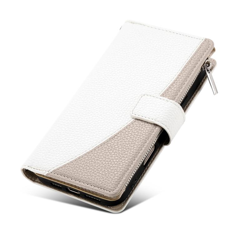 Funda de cuero con cremallera para Redmi 12 4G / 5G / Note 12R, con costuras, para múltiples tarjetas y correa corta (blanca)