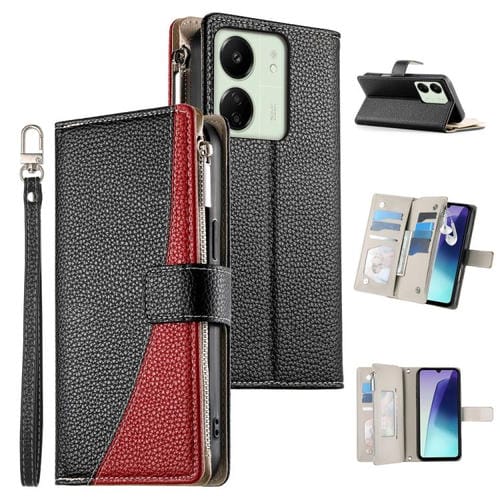 Funda de cuero con cremallera y múltiples tarjetas para Redmi 13C 4G / 5G / 13R / Xiaomi Poco C65 (negro)