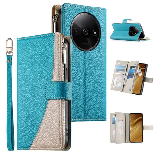 Funda de cuero con cremallera para Redmi A3 y Xiaomi Poco C61, con costuras, múltiples tarjetas y correa corta (azul)