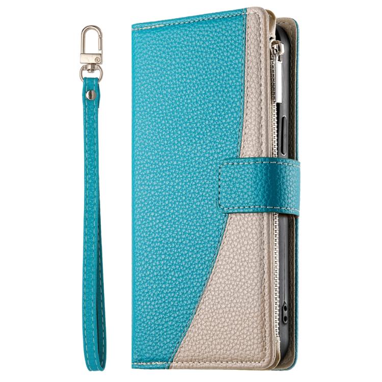 Funda de cuero con cremallera para Redmi A3 y Xiaomi Poco C61, con costuras, múltiples tarjetas y correa corta (azul)