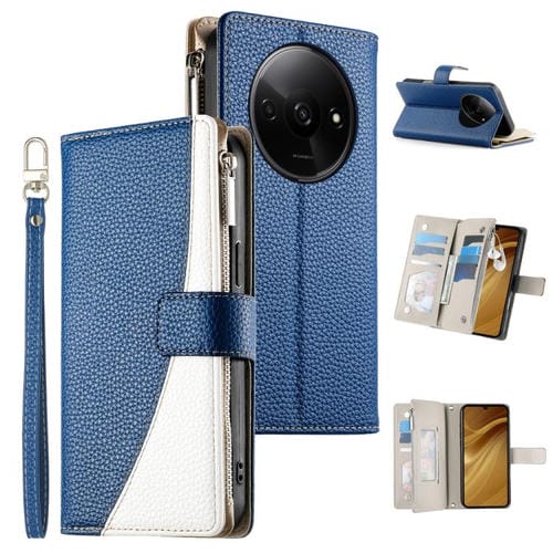 Funda de cuero con cremallera para Redmi A3 / Xiaomi Poco C61, con costuras, múltiples tarjetas y correa corta (azul oscuro)