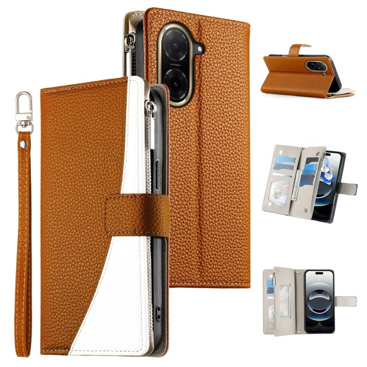 Funda de cuero con cremallera para Redmi A5 4G (171,7 mm) y Xiaomi Poco C71, con costuras, múltiples tarjetas y correa corta (marrón)