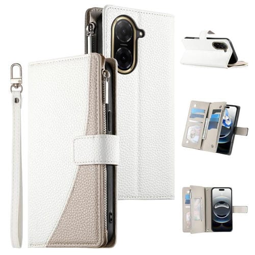 Funda de cuero con cremallera para Redmi A5 4G (171,7 mm) y Xiaomi Poco C71, con costuras, múltiples tarjetas y correa corta (blanca)