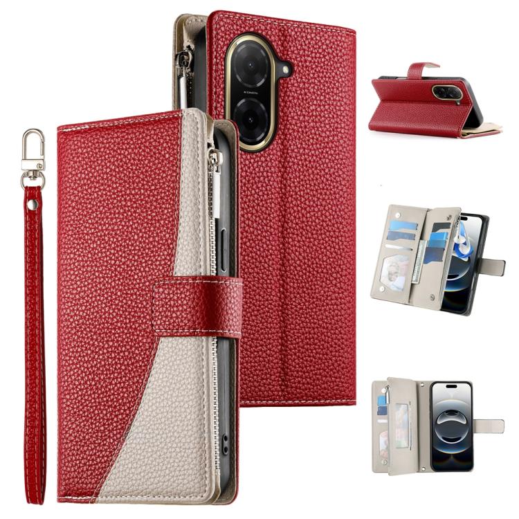 Funda de cuero con cremallera para Redmi A5 4G (171,7 mm) y Xiaomi Poco C71, con costuras, múltiples tarjetas y correa corta (roja)