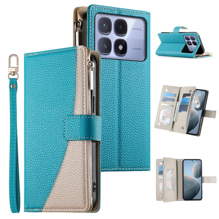 Funda de cuero con cremallera para Redmi K70 Ultra, con costuras, múltiples tarjetas y correa corta (azul)