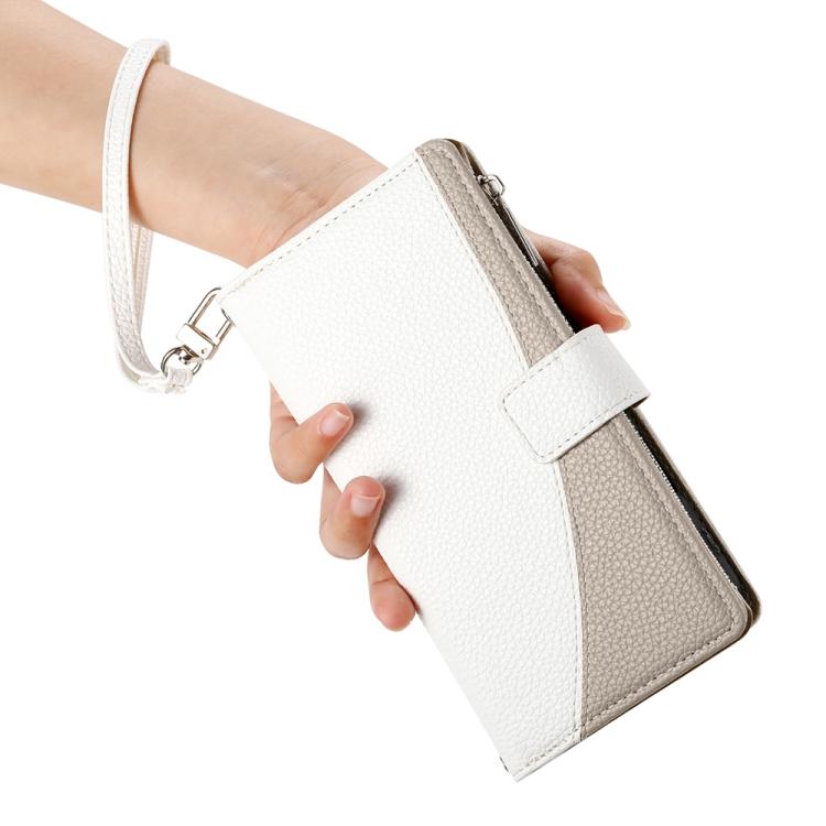 Funda de cuero con cremallera para Redmi K70 Ultra, con múltiples tarjetas y costuras, con correa corta (blanca)