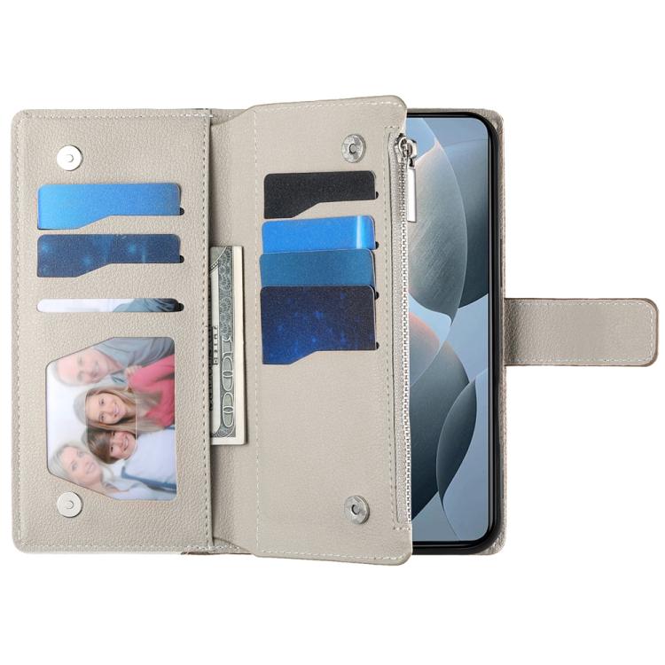 Funda de cuero con cremallera para Redmi K70E y Xiaomi Poco X6 Pro, con costuras, múltiples tarjetas y correa corta (roja)