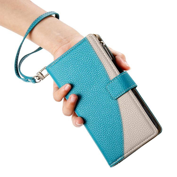 Funda de cuero con cremallera y múltiples tarjetas para Redmi K70 / K70 Pro / Poco F6 Pro, con costuras y correa corta (azul)