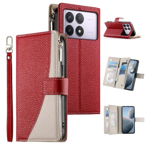 Funda de cuero con cremallera y múltiples tarjetas para Redmi K70 / K70 Pro / Poco F6 Pro, con costuras y correa corta (roja)