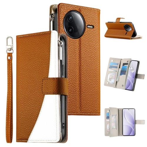 Funda de cuero con cremallera y múltiples tarjetas para Redmi K80 / K80 Pro / Poco F7 Pro, con costuras y correa corta (marrón)