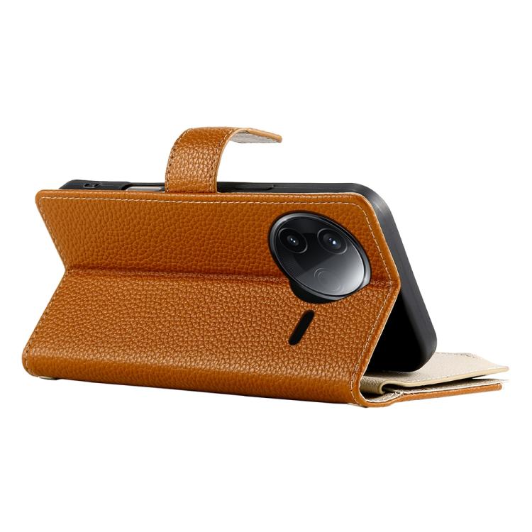 Funda de cuero con cremallera y múltiples tarjetas para Redmi K80 / K80 Pro / Poco F7 Pro, con costuras y correa corta (marrón)