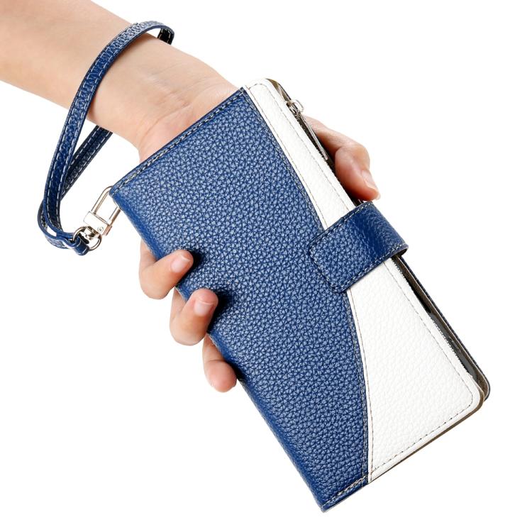 Funda de cuero con cremallera para Redmi K80 / K80 Pro / Poco F7 Pro, con costuras, múltiples tarjetas y correa corta (azul oscuro)