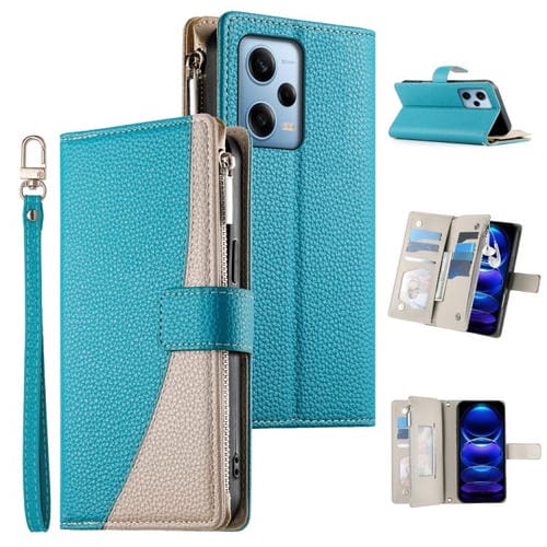 Funda de cuero con cremallera para Redmi Note 12 Pro 5G, con costuras globales, múltiples tarjetas y correa corta (azul)