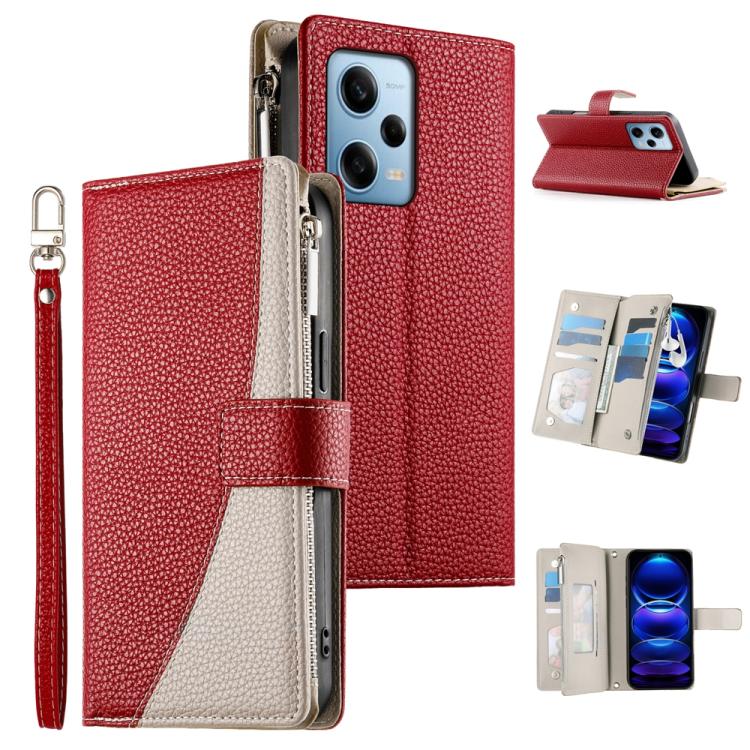Funda de cuero con cremallera para Redmi Note 12 Pro 5G, con costuras globales, múltiples tarjetas y correa corta (roja)