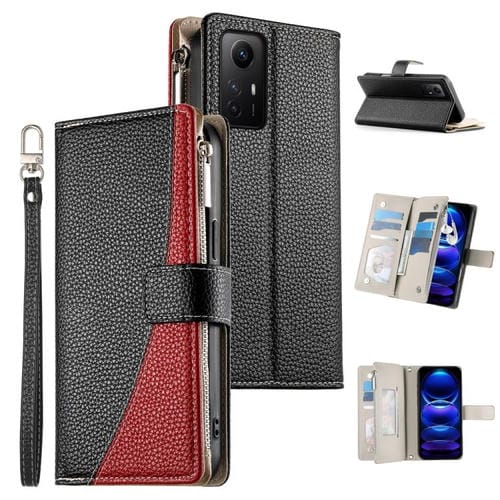 Funda de cuero con cremallera para Redmi Note 12S 4G / Note 11 4G, con costuras globales, múltiples tarjetas y correa corta (negra)