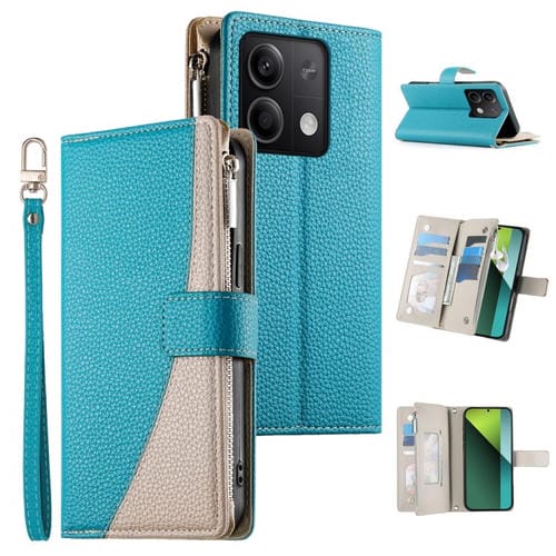 Funda de cuero con cremallera para Redmi Note 13 5G, con costuras globales, múltiples tarjetas y correa corta (azul)