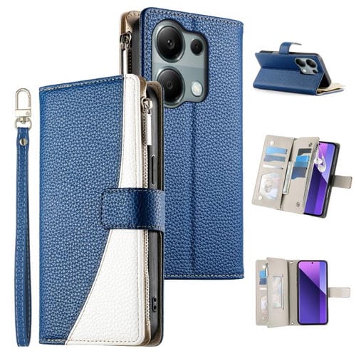 Funda de cuero con cremallera para Redmi Note 13 Pro 4G / Poco M6 Pro, con costuras, para múltiples tarjetas y correa corta (azul oscuro)