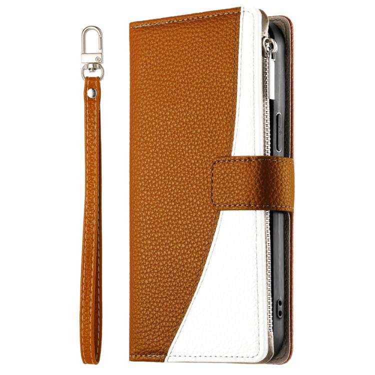 Funda de cuero tipo billetera con cremallera para Redmi Note 13 Pro+, costuras globales, múltiples tarjetas y correa corta (marrón)