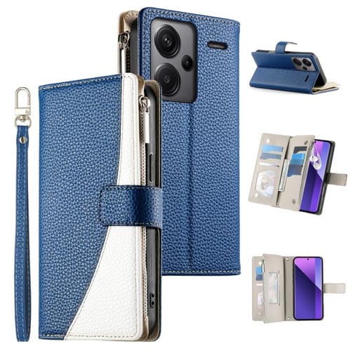 Funda de cuero tipo billetera con cremallera para Redmi Note 13 Pro+, costuras globales, múltiples tarjetas y correa corta (azul oscuro)
