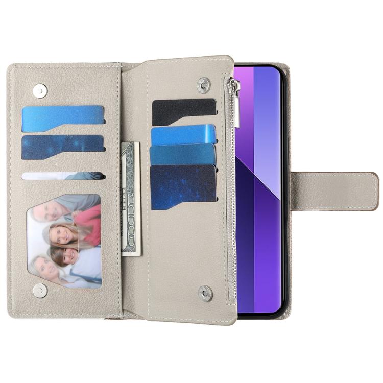 Funda de cuero tipo billetera con cremallera para Redmi Note 13 Pro+, con costuras globales y múltiples tarjetas, con correa corta (roja)