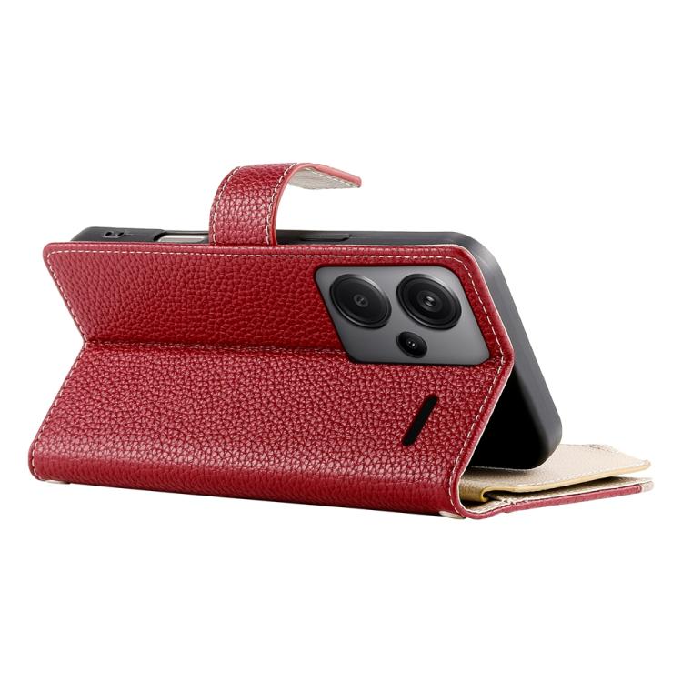Funda de cuero tipo billetera con cremallera para Redmi Note 13 Pro+, con costuras globales y múltiples tarjetas, con correa corta (roja)
