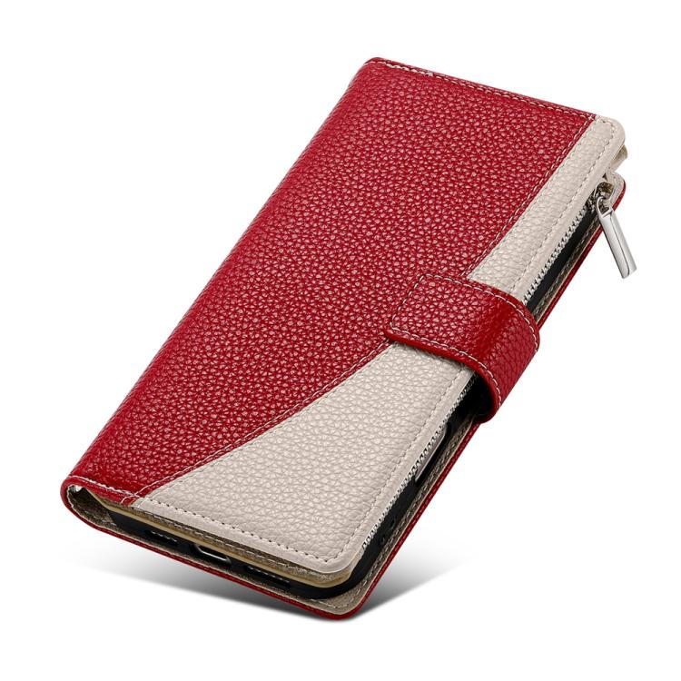 Funda de cuero tipo billetera con cremallera para Redmi Note 13 Pro+, con costuras globales y múltiples tarjetas, con correa corta (roja)
