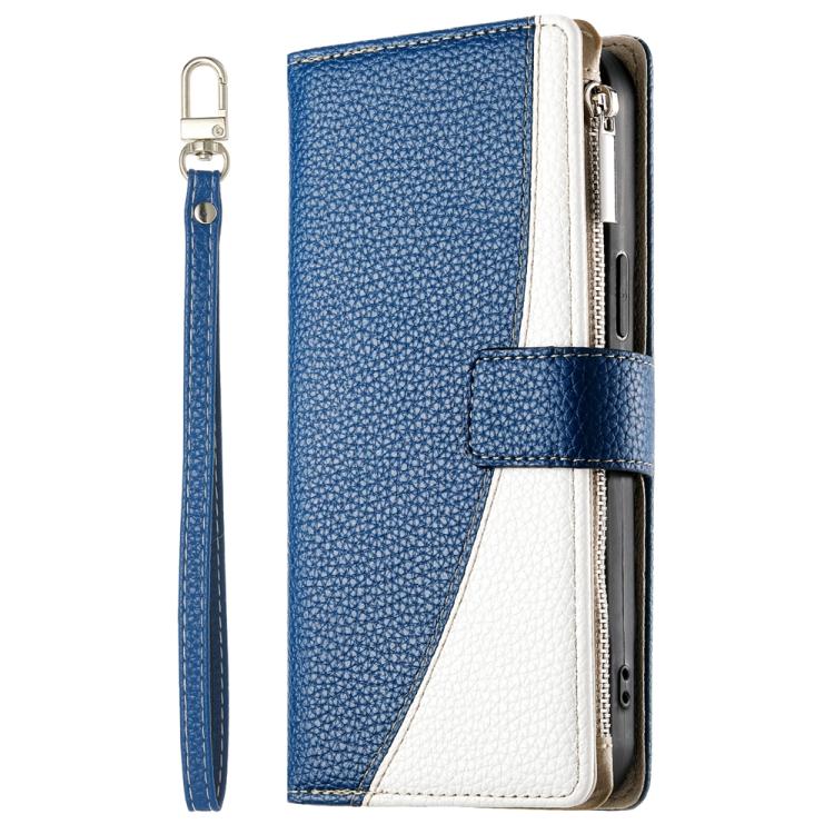 Funda de cuero con cremallera para Redmi Turbo 3 y Xiaomi Poco F6, con costuras, para múltiples tarjetas y correa corta (azul oscuro)