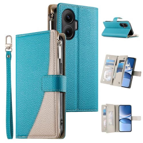 Funda de cuero con cremallera para Redmi Turbo 4 Pro y Xiaomi Poco F7, con costuras, múltiples tarjetas y correa corta (azul)