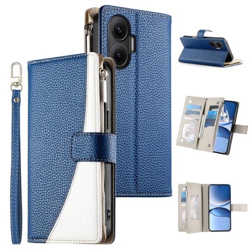 Funda de cuero con cremallera para Redmi Turbo 4 Pro y Xiaomi Poco F7, con costuras, para múltiples tarjetas y correa corta (azul oscuro)
