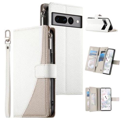 Funda de cuero tipo billetera con cremallera y múltiples tarjetas para Google Pixel 7 Pro con costuras y correa corta (blanca)